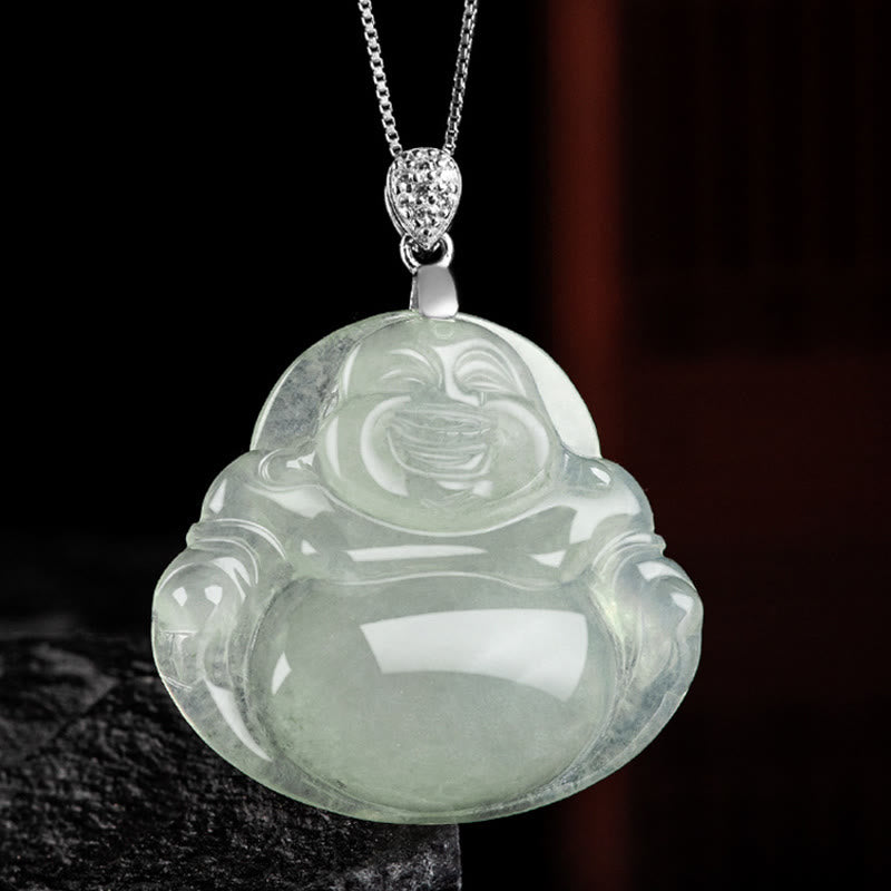 925 Sterling Silber Natürliche Jade Lachender Buddha Wohlstandskette