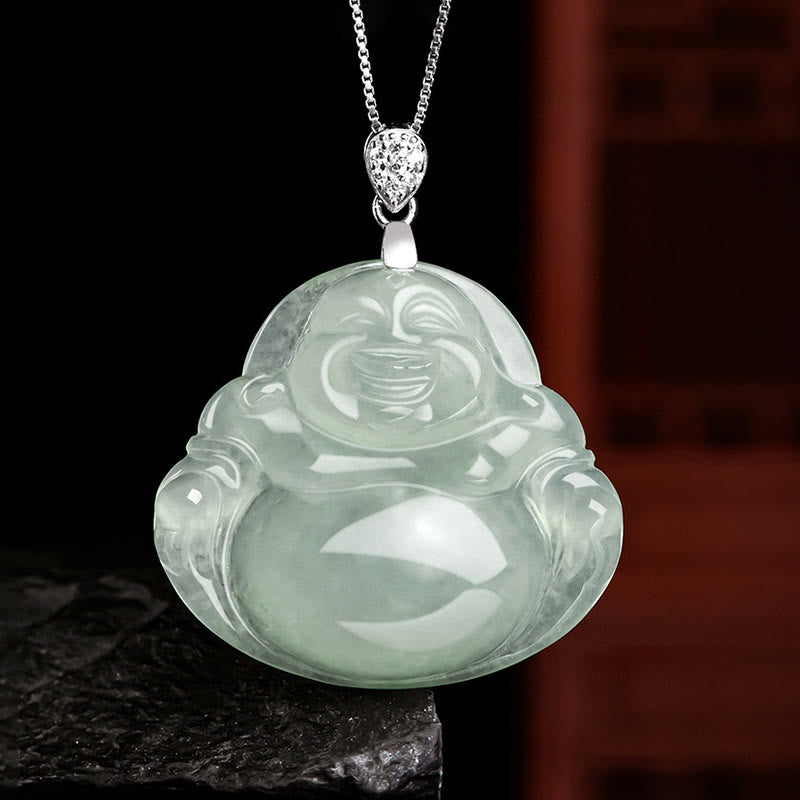 925 Sterling Silber Natürliche Jade Lachender Buddha Wohlstandskette