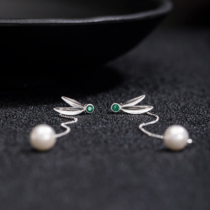 925 Sterling Silber Perlen Bambus Blätter Schutz Tropfen Ohrringe