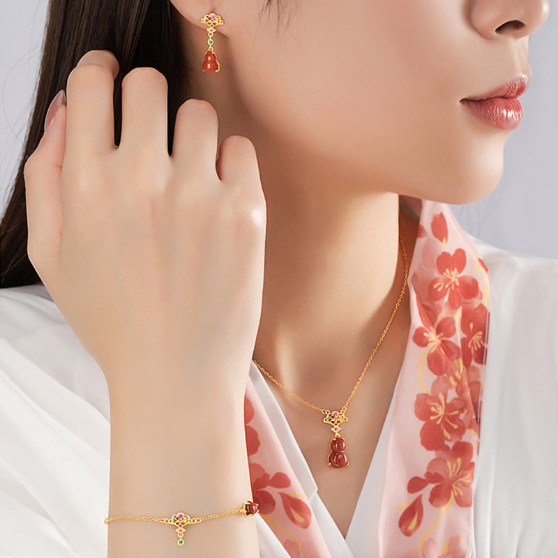 925 Sterling Silber Roter Achat Vertrauensarmband Halskette Ohrringe Set