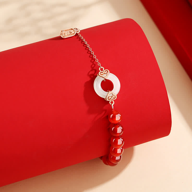 925 Sterling Silber Roter Achat Weißer Jade Peace Buckle Jade Armband für Selbstvertrauen