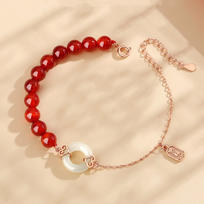 925 Sterling Silber Roter Achat Weißer Jade Peace Buckle Jade Armband für Selbstvertrauen