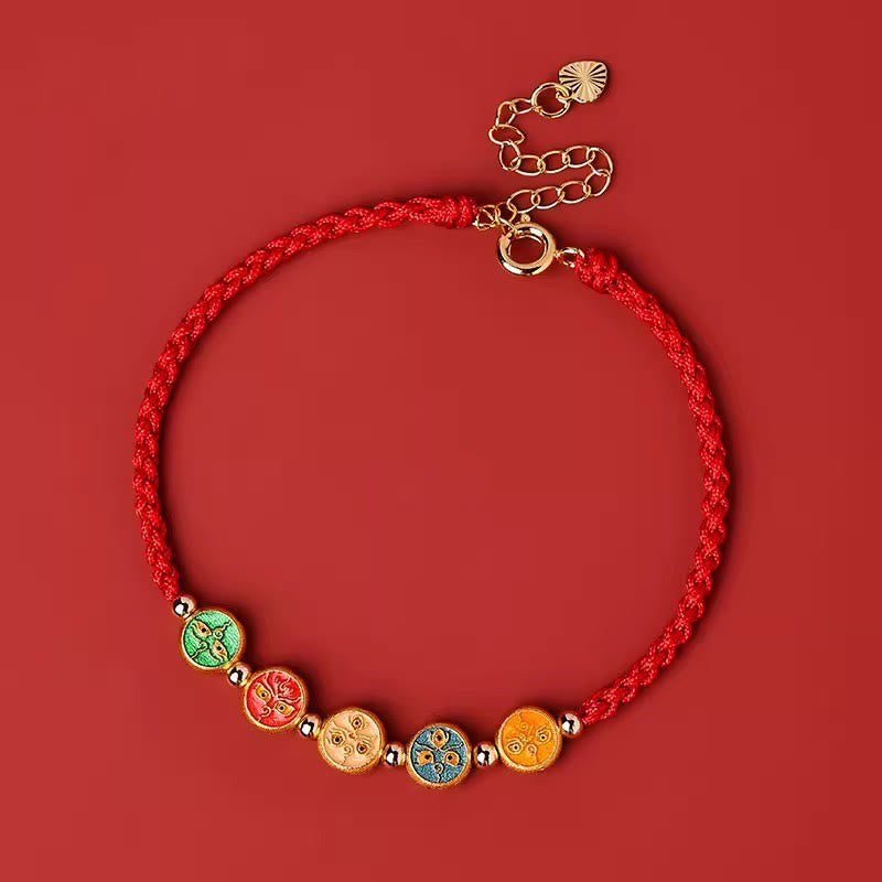 925 Sterling Silber Rotes Schnurarmband | Fünf Wege Gott des Reichtums Schutz