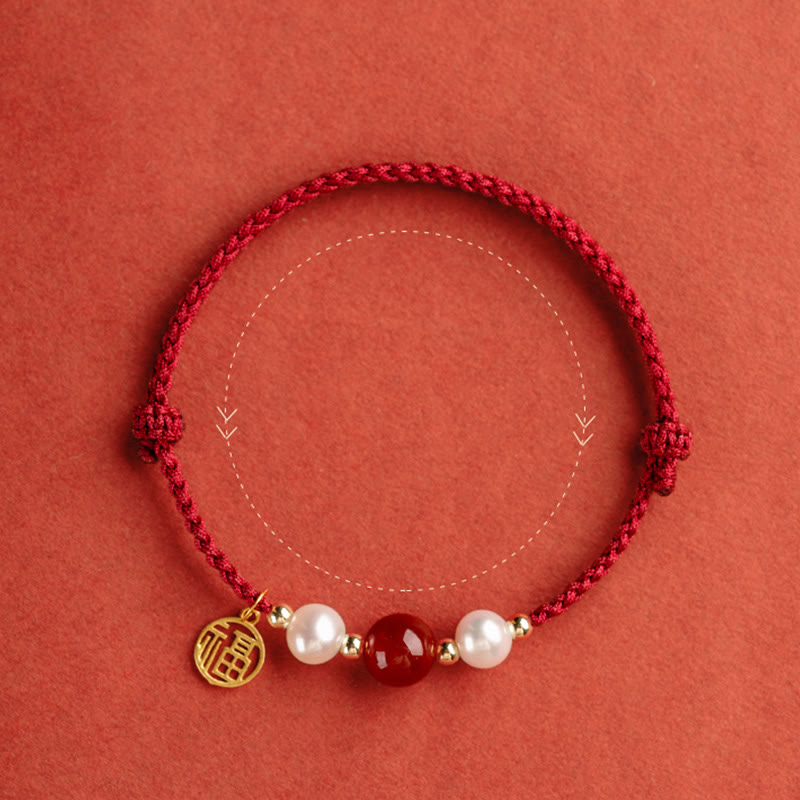 Rotes Schnurarmband aus 925er Sterlingsilber mit Fu-Charakter