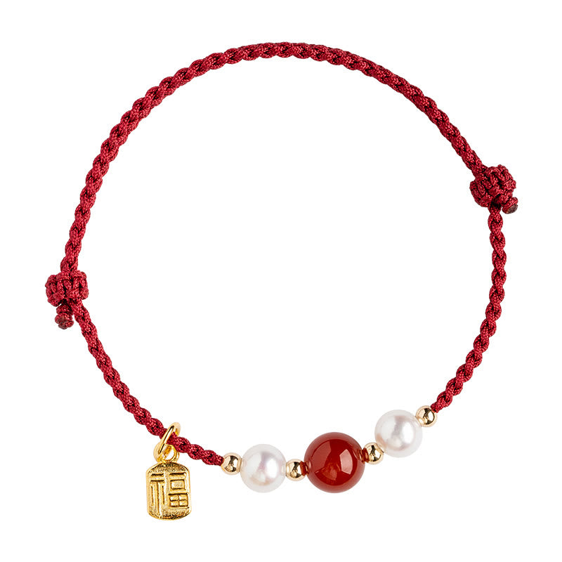 Rotes Schnurarmband aus 925er Sterlingsilber mit Fu-Charakter