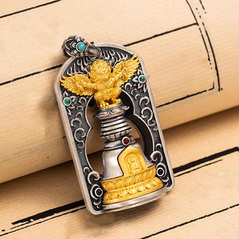 925 Sterling Silber Tibetischer Garuda Vogel Vajra Dorje Glocke Anhänger