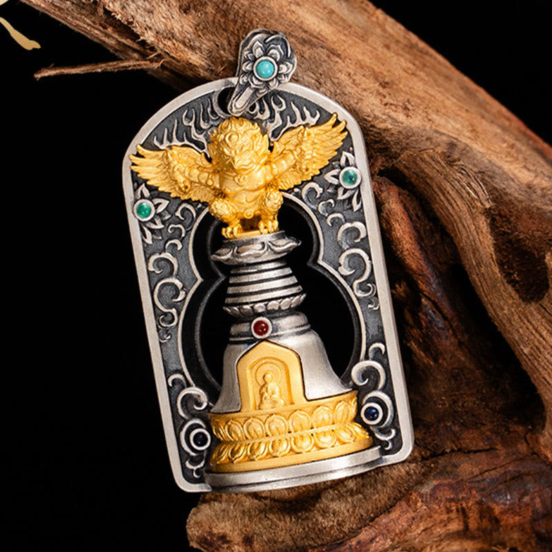 925 Sterling Silber Tibetischer Garuda Vogel Vajra Dorje Glocke Anhänger