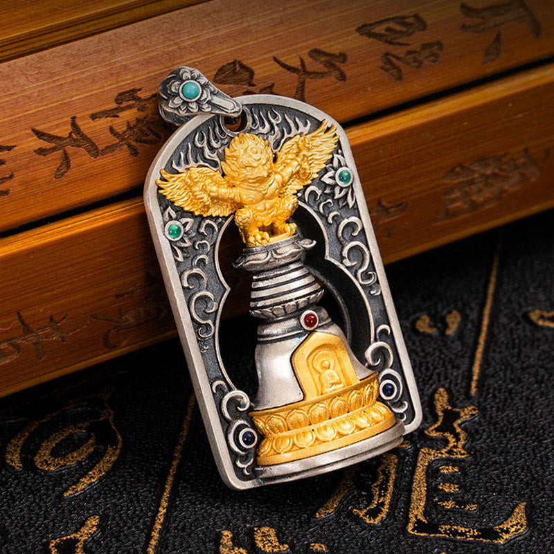 925 Sterling Silber Tibetischer Garuda Vogel Vajra Dorje Glocke Anhänger