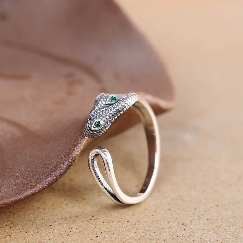 925 Sterling Silber Zweiköpfiger Schlangen-Weisheitsring, verstellbar