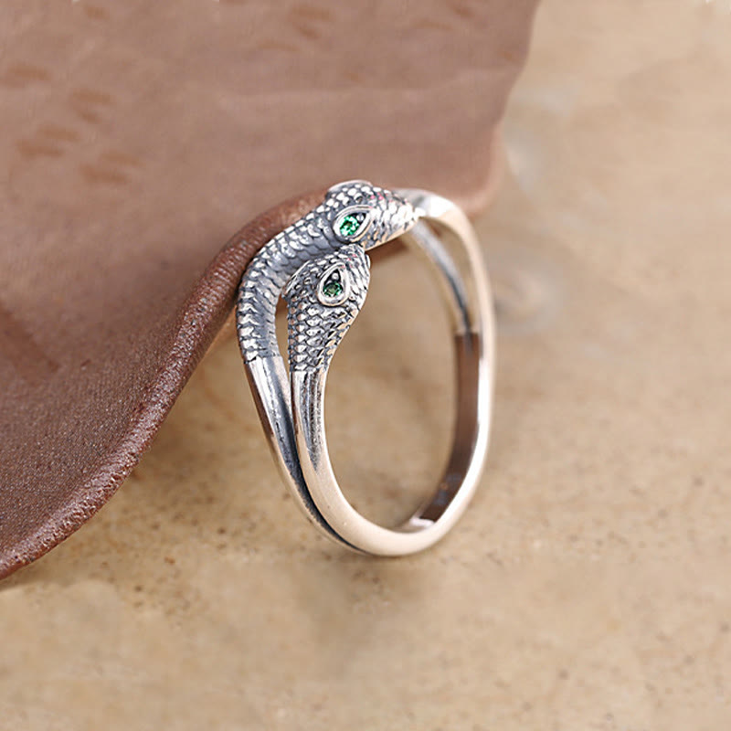 925 Sterling Silber Zweiköpfiger Schlangen-Weisheitsring, verstellbar