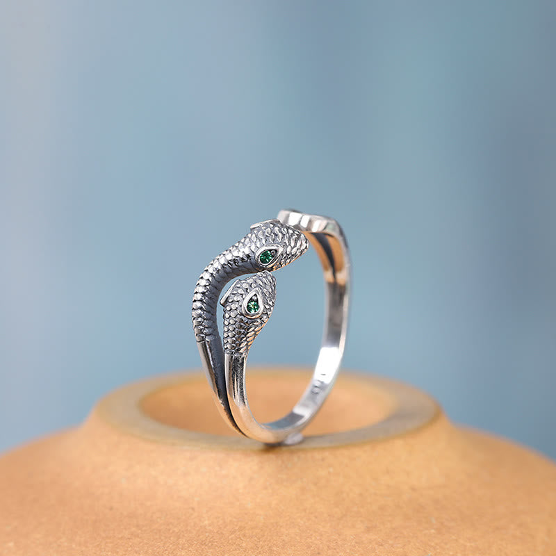 925 Sterling Silber Zweiköpfiger Schlangen-Weisheitsring, verstellbar