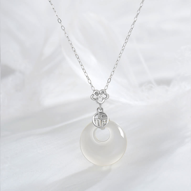 925 Sterling Silber Weißer Achat Fu Charakter Glück Halskette