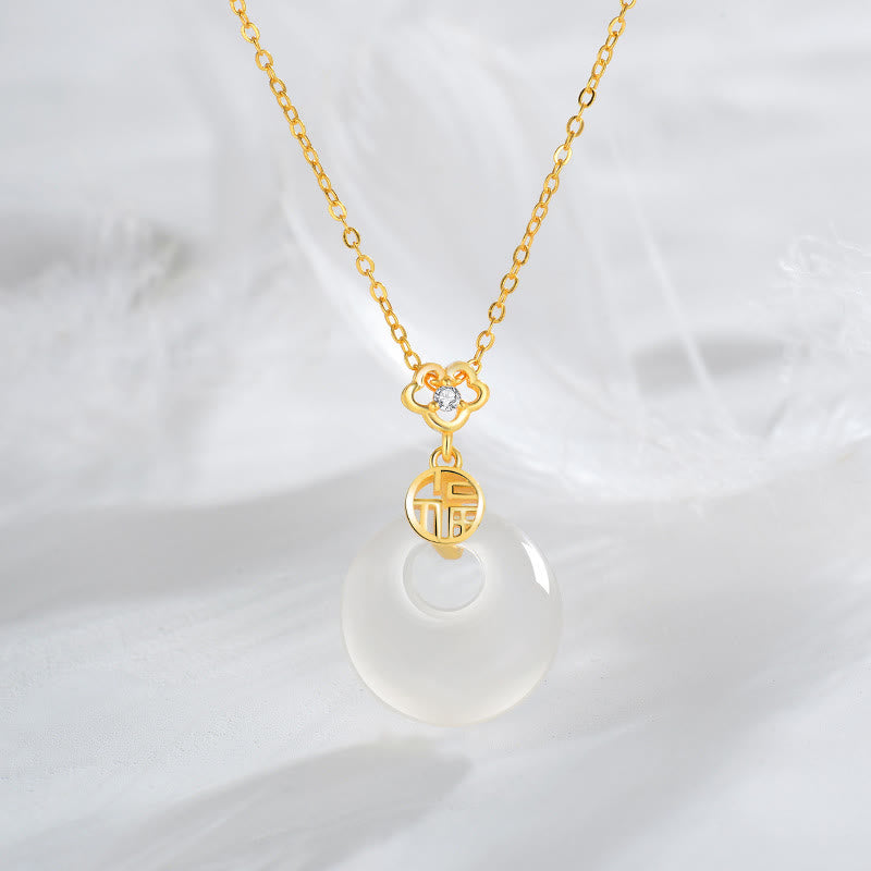 925 Sterling Silber Weißer Achat Fu Charakter Glück Halskette