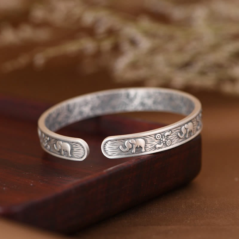 999 Sterling Silver Elephant Strength Wisdom Bracelet Cuff