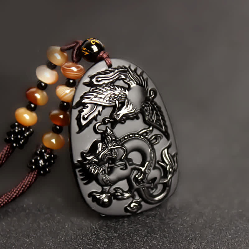 Black Obsidian Dragon Necklace with Tiger Eye Pendant for Protection