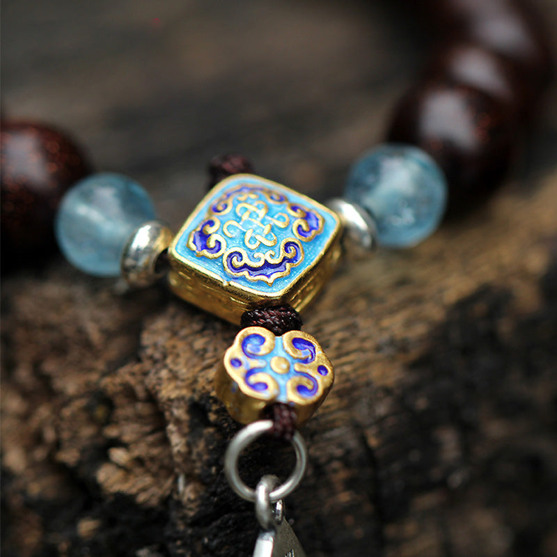 Aquamarine Bracelet with Red Sandalwood & 925 Silver Blessings
