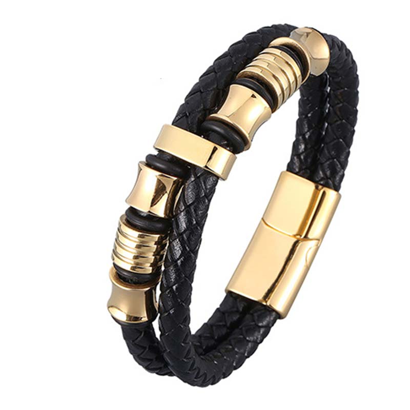 Layered Leather and Titanium Steel Spiritual Bracelet for Balance
