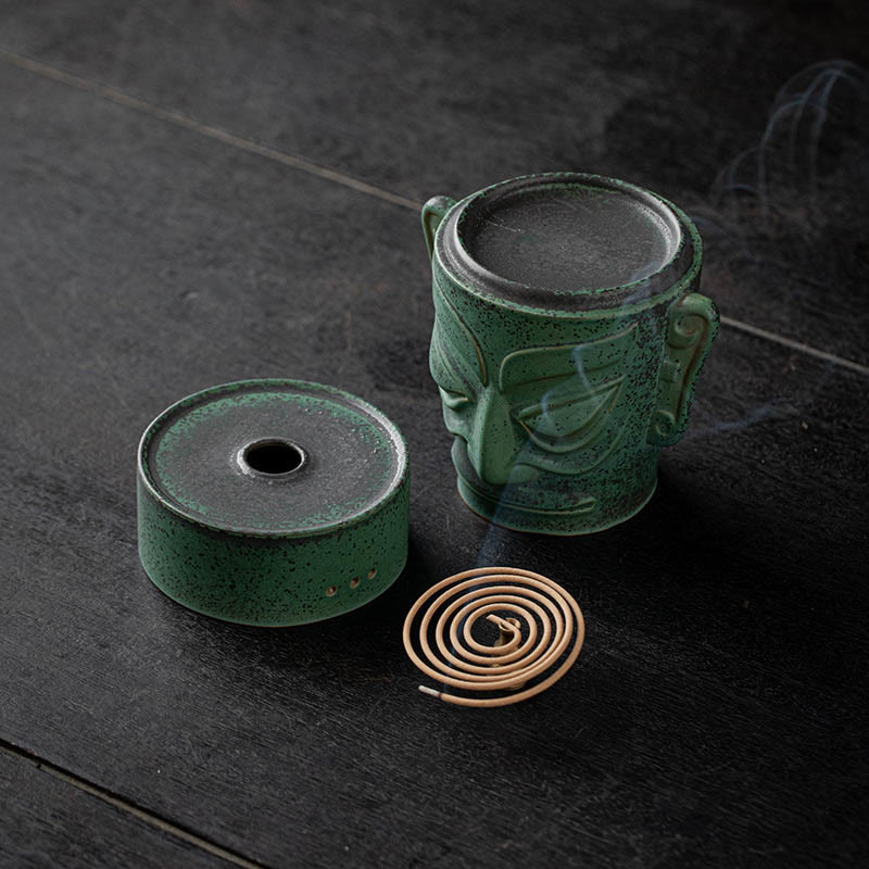 Sanxingdui Ceramic Incense Burner Inspired by Bronze Age Mask Meditation