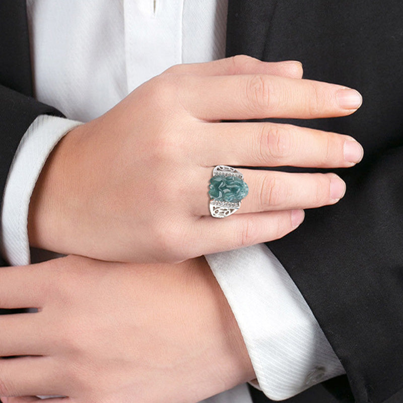 Sterling Silver Jade Pixiu Ring for Wealth & Luck