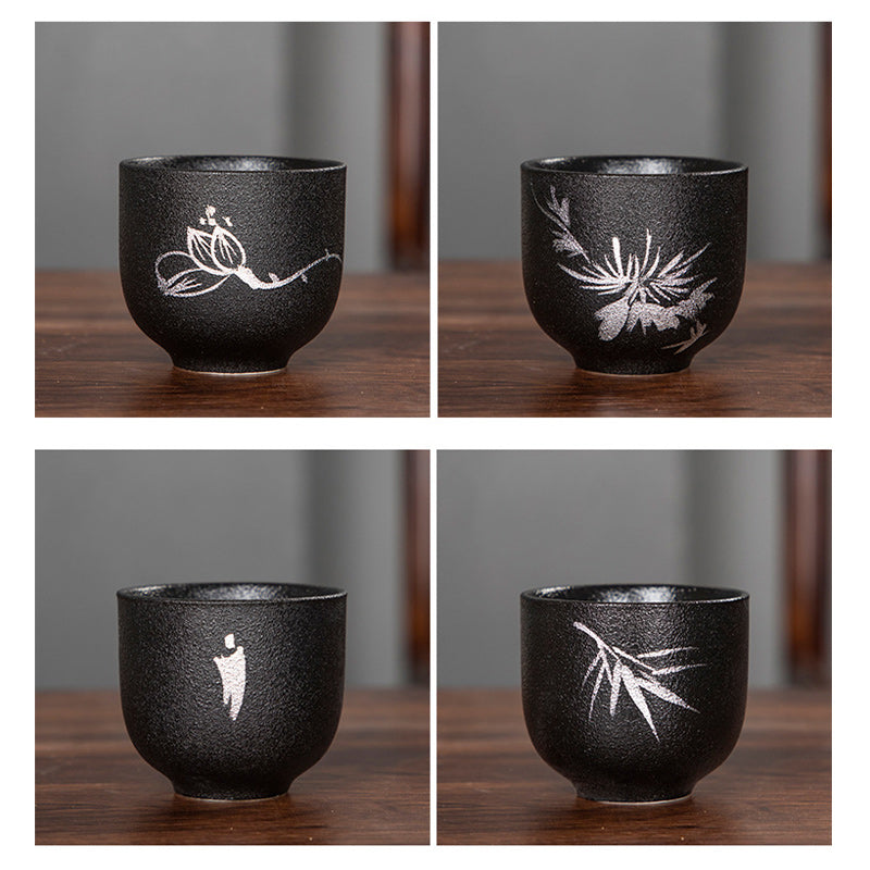 95 ml handbemalte schwarze Keramik-Teetasse mit Lotusblüte