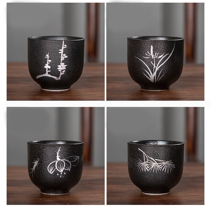 95 ml handbemalte schwarze Keramik-Teetasse mit Lotusblüte