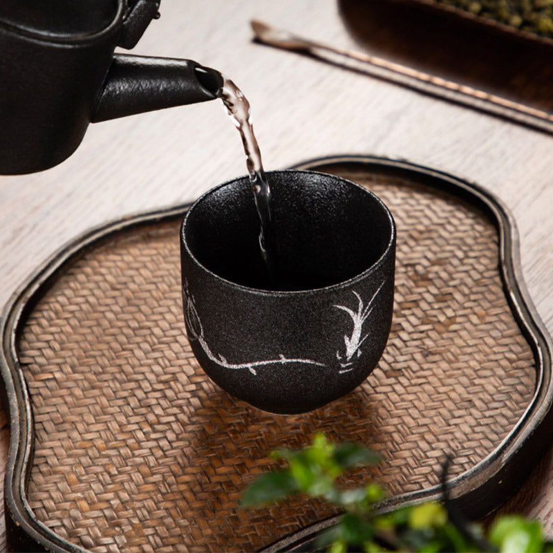 95 ml handbemalte schwarze Keramik-Teetasse mit Lotusblüte