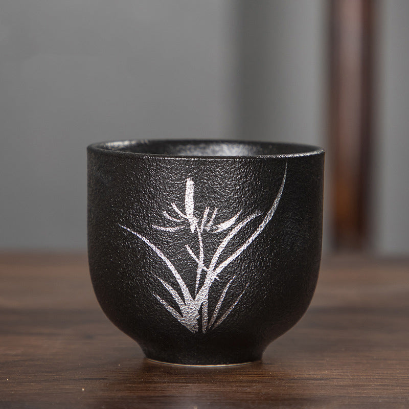 95 ml handbemalte schwarze Keramik-Teetasse mit Lotusblüte