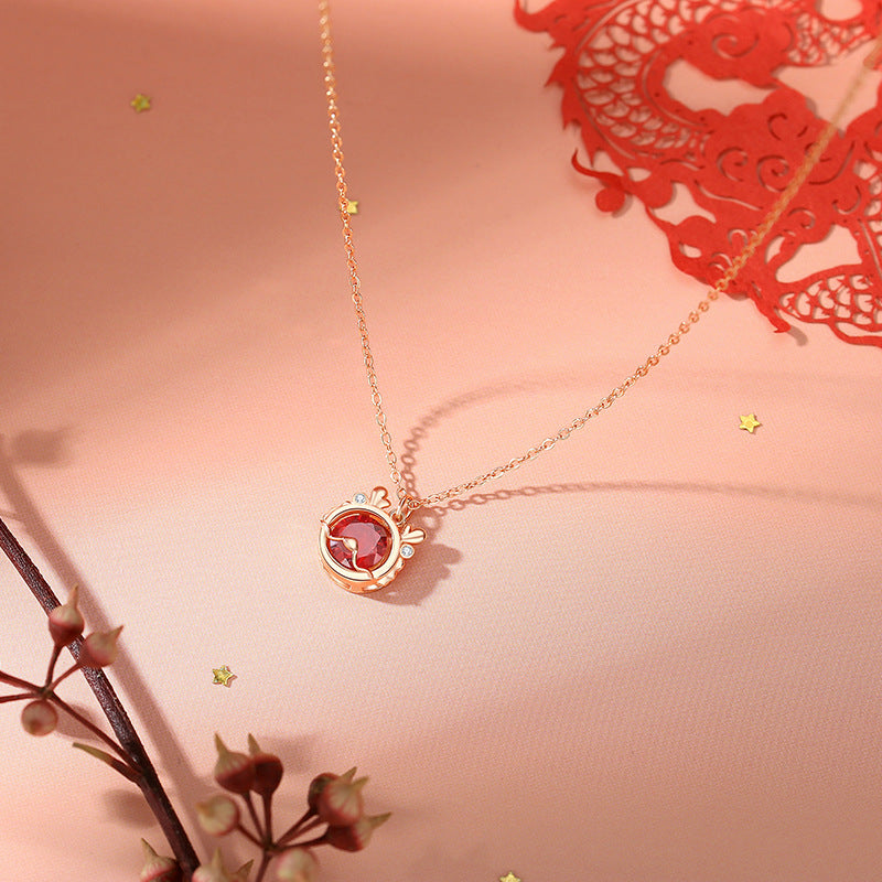 Drachenkette aus 925er Sterlingsilber mit rotem Zirkonia für Glück