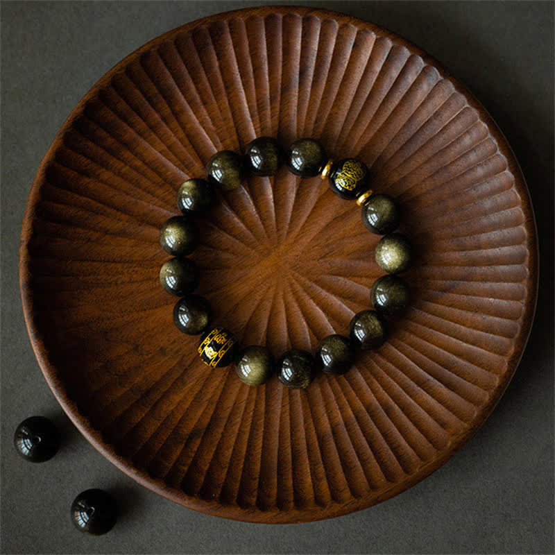 Goldglänzendes Obsidian-Schutzarmband mit chinesischem Sternzeichen, 12 mm