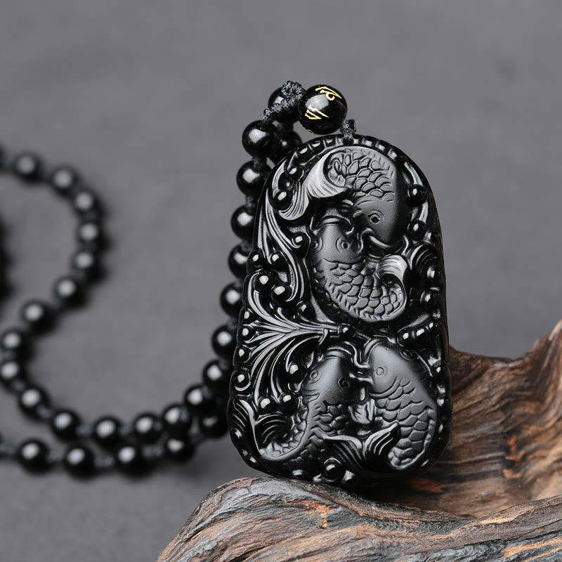 Black Obsidian Koi Fish Strength Necklace Pendant