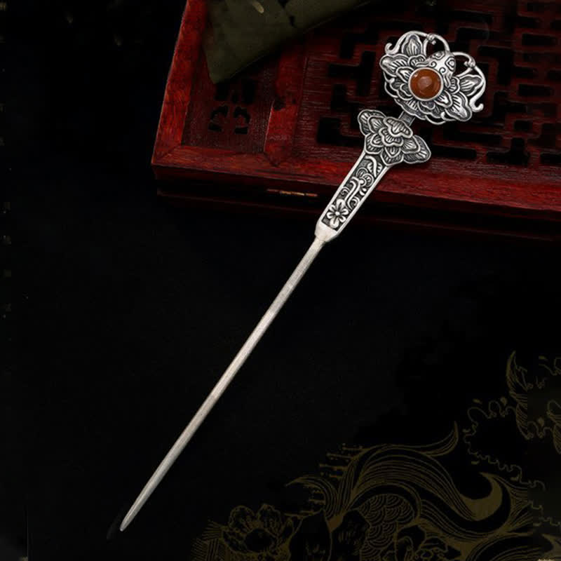 Red Agate Peony Flower Hairpin | Confidence & Calm 13.4cm