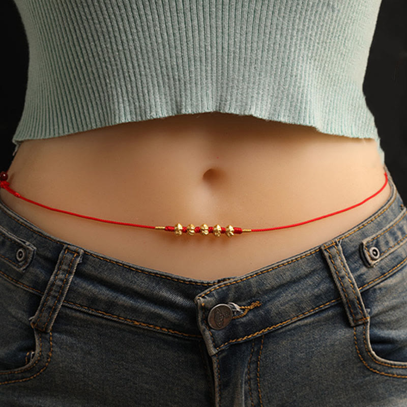 Bauchkette aus 999er Gold mit roter Schlangenschnur für Schutz und Wohlstand