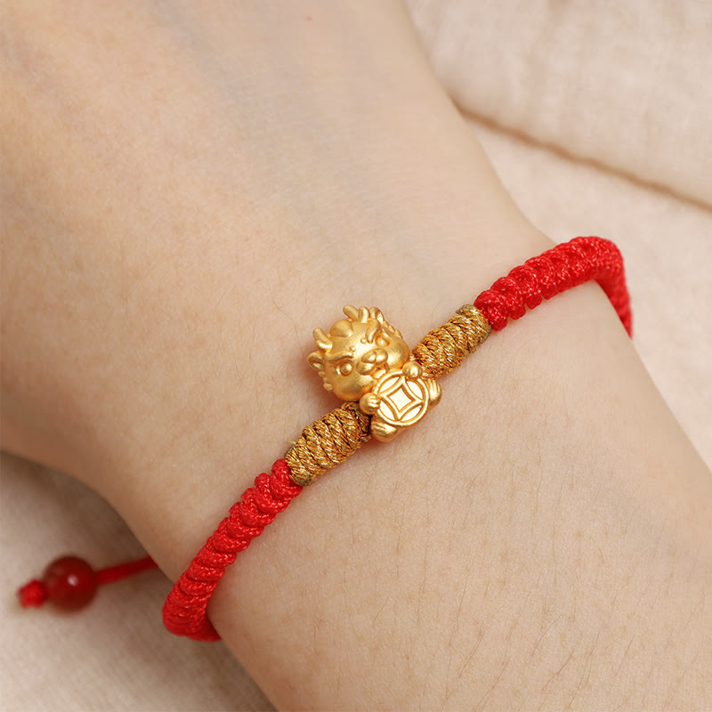 Drachenarmband aus 999er Sterlingsilber mit roter Schnur für Glück