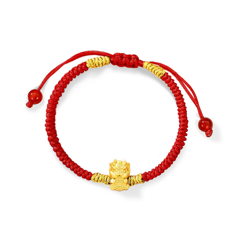Drachenarmband aus 999er Sterlingsilber mit roter Schnur für Glück
