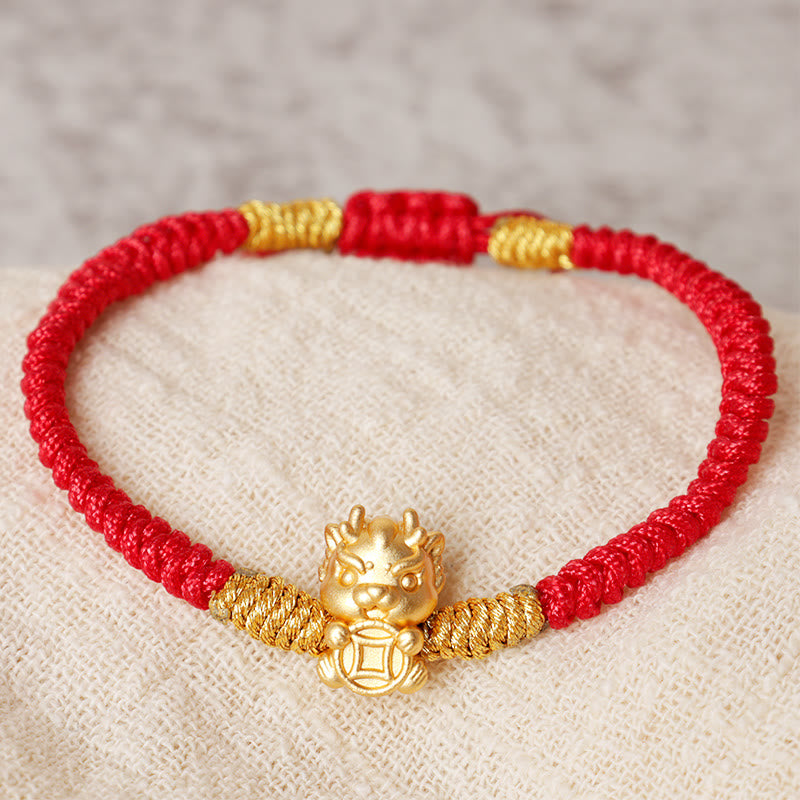 Drachenarmband aus 999er Sterlingsilber mit roter Schnur für Glück