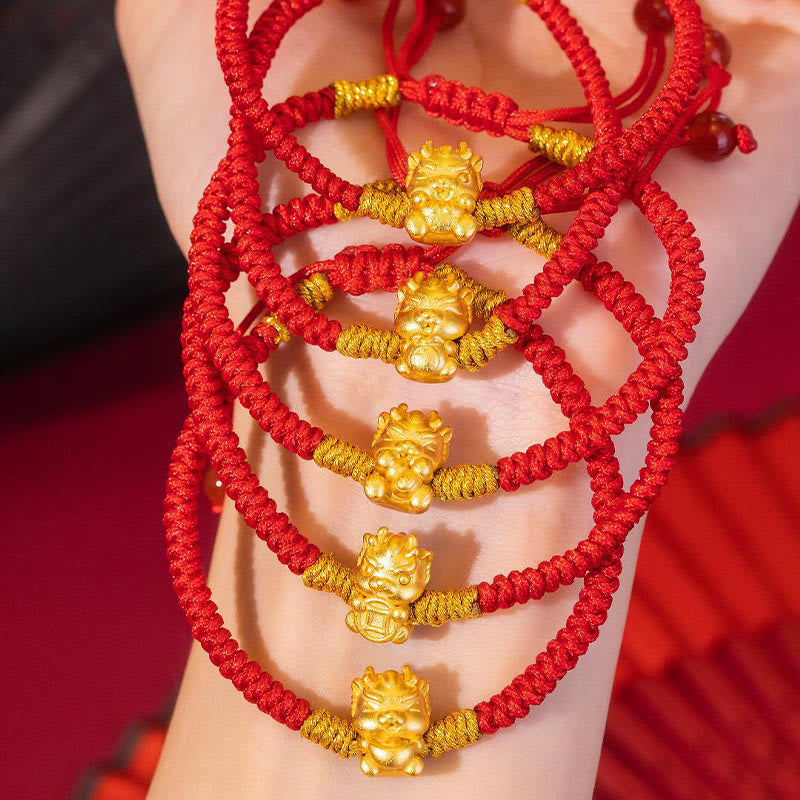 Drachenarmband aus 999er Sterlingsilber mit roter Schnur für Glück