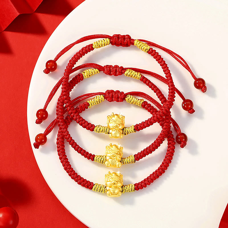 Drachenarmband aus 999er Sterlingsilber mit roter Schnur für Glück