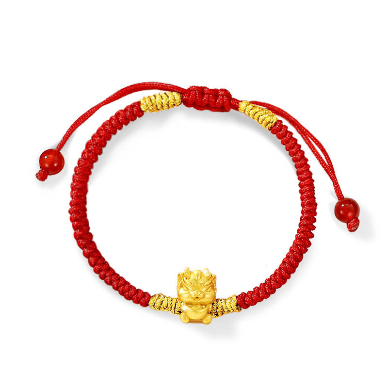 Drachenarmband aus 999er Sterlingsilber mit roter Schnur für Glück