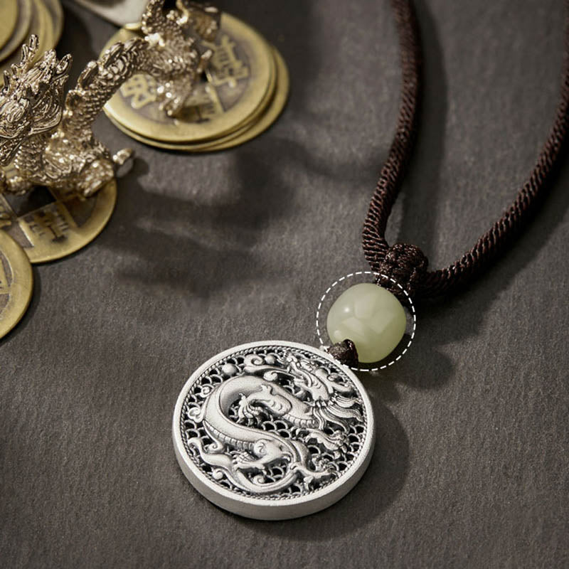 999 Sterling Silber Dragon Fu Charakter Hetian Jade Halskette