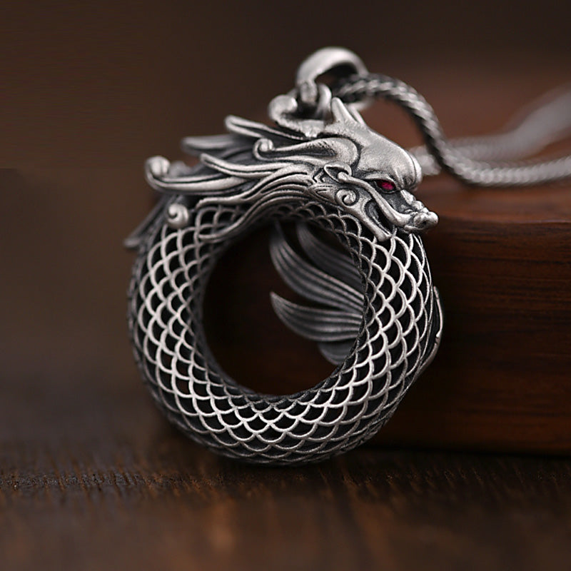 Drachenhalskette aus 999er Sterlingsilber mit Friedensschnalle für glückverheißenden Erfolg