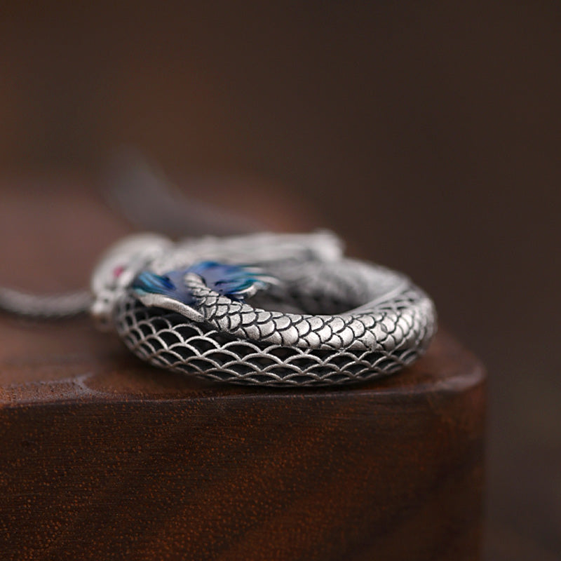 Drachenhalskette aus 999er Sterlingsilber mit Friedensschnalle für glückverheißenden Erfolg