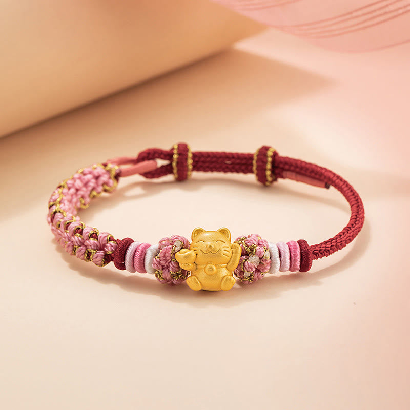 999 Sterling Silber Glückskatze Rote Schnur Seil Armband