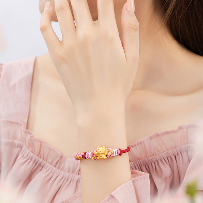999 Sterling Silber Glückskatze Rote Schnur Seil Armband