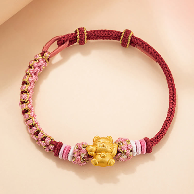 999 Sterling Silber Glückskatze Rote Schnur Seil Armband