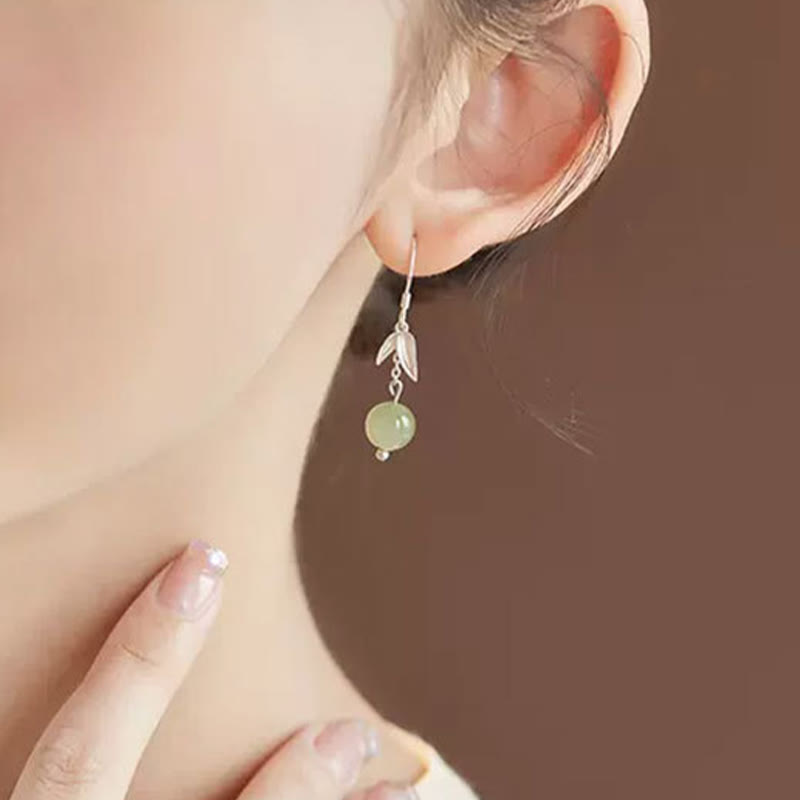 999 Sterling Silber Hetian Jade Bambus Blatt Glück Tropfen Ohrringe