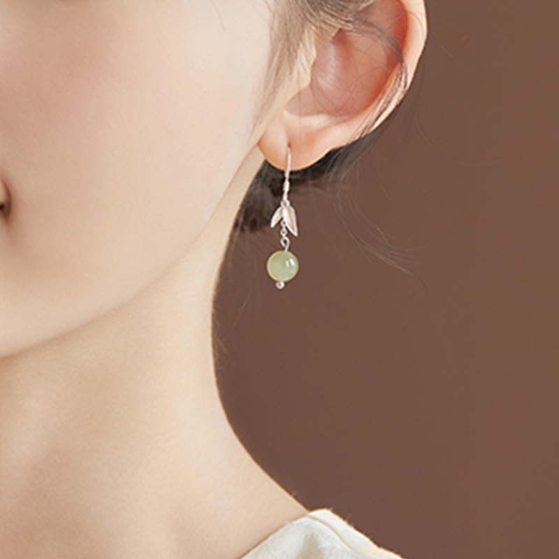 999 Sterling Silber Hetian Jade Bambus Blatt Glück Tropfen Ohrringe