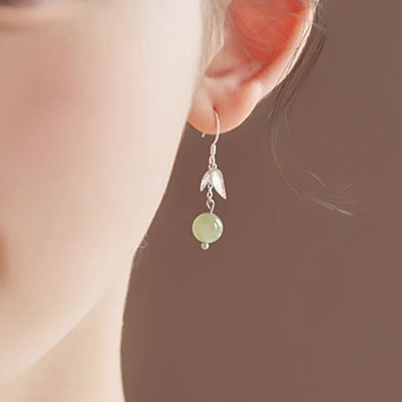 999 Sterling Silber Hetian Jade Bambus Blatt Glück Tropfen Ohrringe