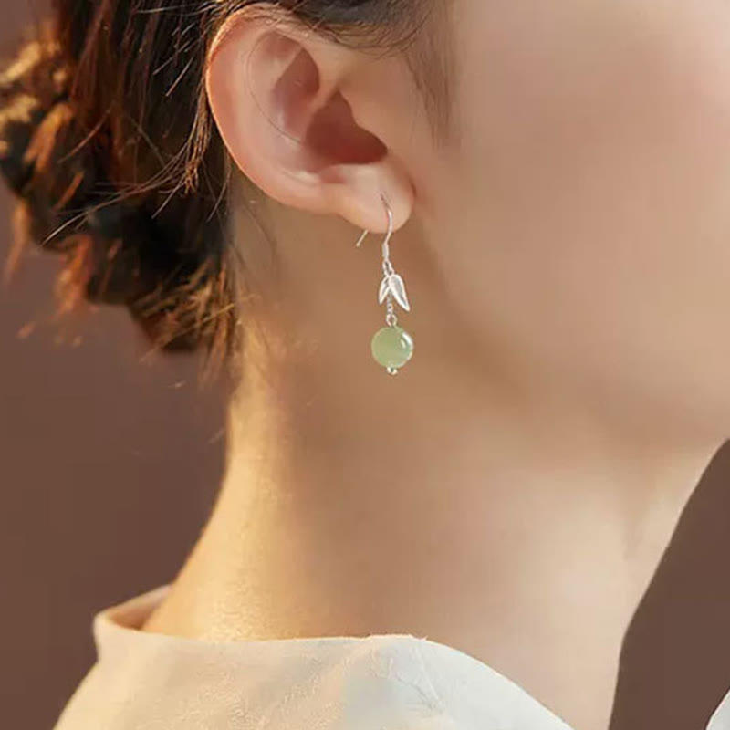 999 Sterling Silber Hetian Jade Bambus Blatt Glück Tropfen Ohrringe