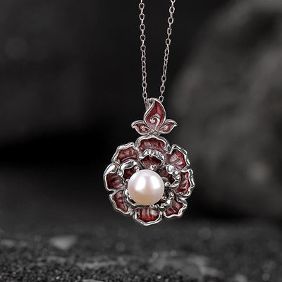 Perlenkette aus 999er Sterlingsilber mit Pfingstrosenblüten-Anhänger zur Heilung