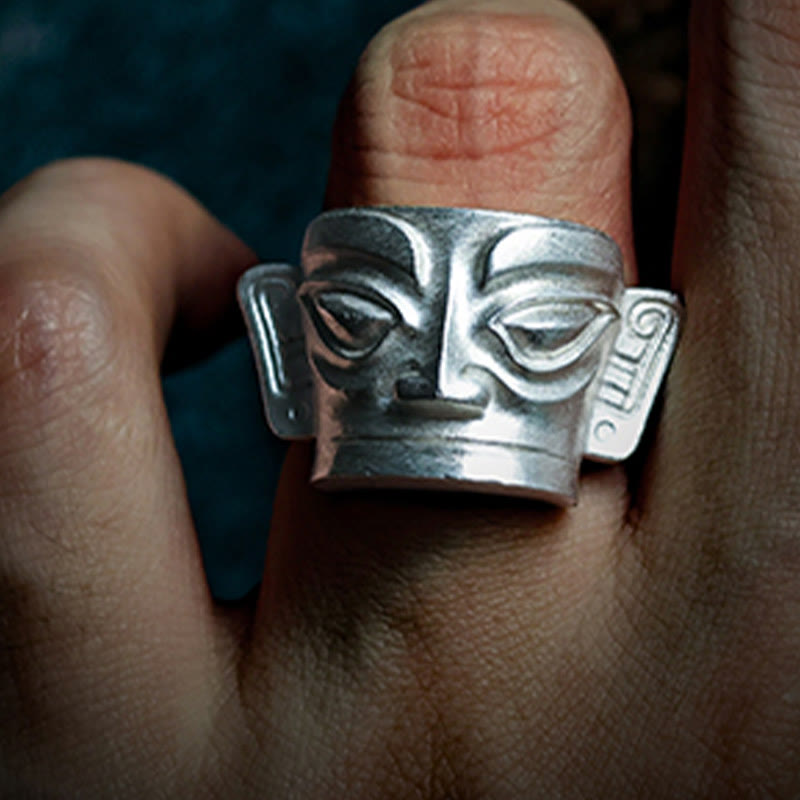 Sanxingdui-Maskenring aus 999er Sterlingsilber